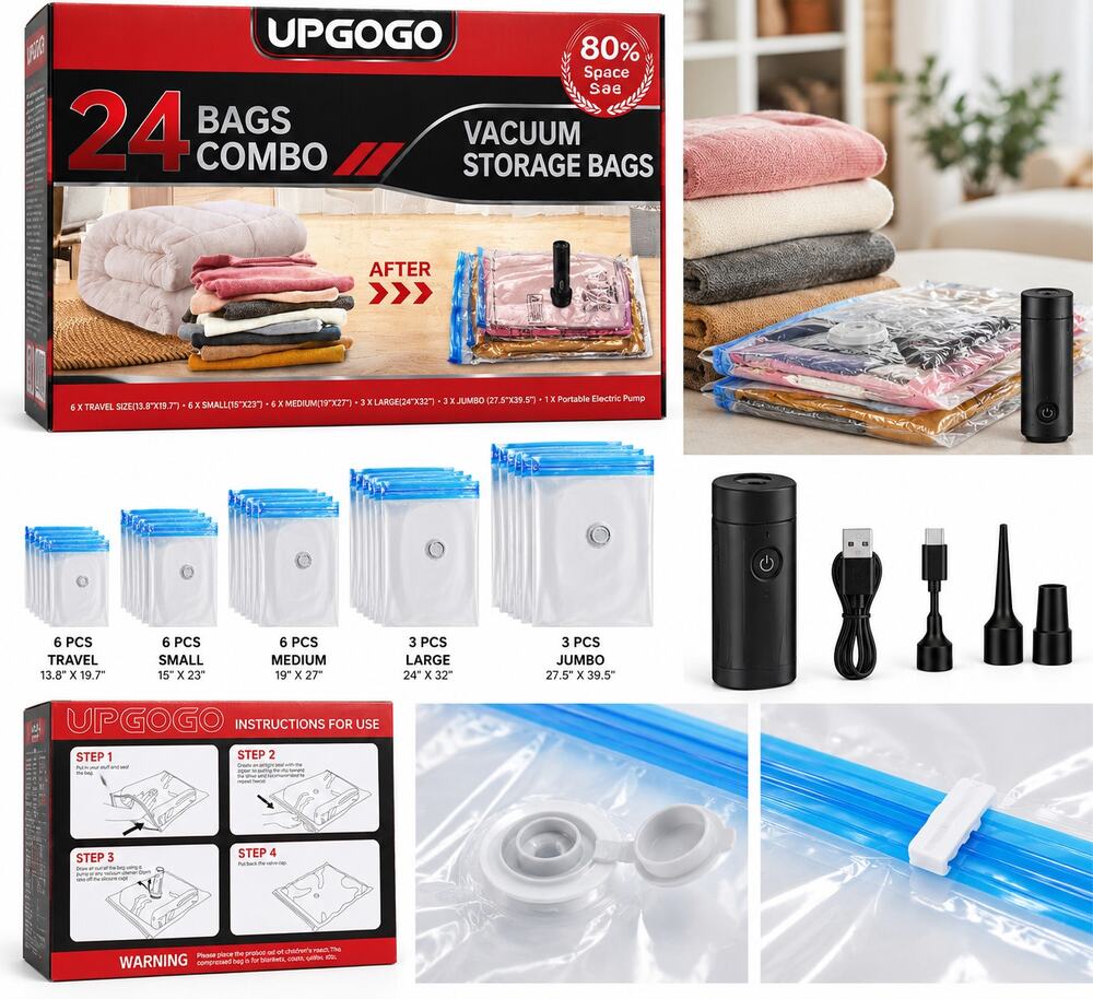 UPGOGO 24-Piece Vacuum Storage Bag Combo with Portable Electric Pump